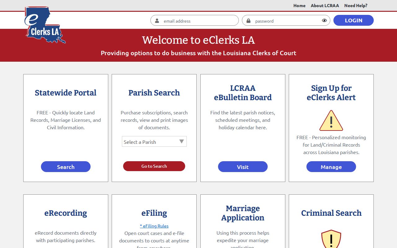 Concordia Parish case search options on the eClerks LA portal