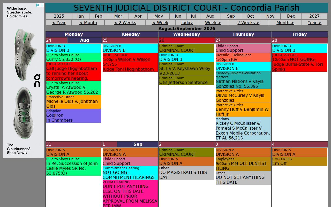Concordia Parish court calendar month view with 7th JDC schedule categories